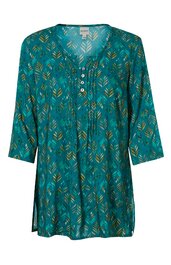 Damenbluse petrol mit gelb-blauem Blättermuster, V-Ausschnitt mit vier silbernen Knöpfen, 3/4-lange Ärmel, lockere Passform, Seitenschlitze