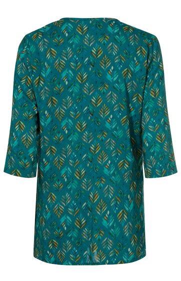 Tunika in petrol mit gelbblauem Blattmuster, gerade geschnitten, halblange Ärmel, Rundhalsausschnitt, Rückansicht