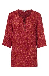 Rotes Damenoberteil mit orangefarbenem Blumenmuster, V-Ausschnitt mit Knopfleiste, 3/4-Ärmel, gerade geschnitten