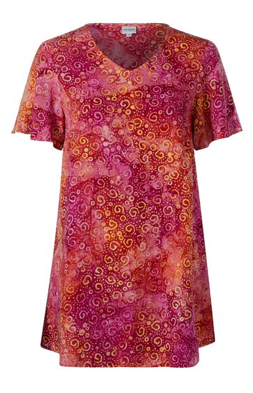 Kurzärmeliges T-Shirt, mehrfarbig mit rot, orange und rosa Tönen, abstraktes Wirbelmuster, V-Ausschnitt, gerade geschnitten