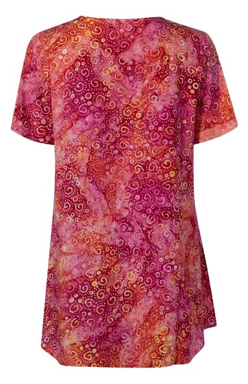 Kurzärmliges Damen-T-Shirt in rötlich-rosa Tönen mit orangefarbenen und gelben Spiralmustern, Rundhalsausschnitt, gerade geschnittener Saum, locker sitzend