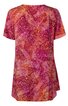 Kurzärmliges Damen-T-Shirt in rötlich-rosa Tönen mit orangefarbenen und gelben Spiralmustern, Rundhalsausschnitt, gerade geschnittener Saum, locker sitzend