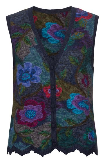 Ärmellose Strickweste in dunklem Blau mit buntem Blumenmuster in Blau, Rot, Grün, V-Ausschnitt, Knopfleiste vorne, gezackter Saum
