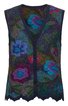 Ärmellose Strickweste in dunklem Blau mit buntem Blumenmuster in Blau, Rot, Grün, V-Ausschnitt, Knopfleiste vorne, gezackter Saum