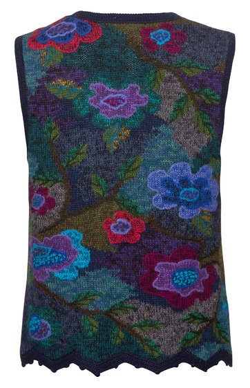 Ärmelloses Damenstrickoberteil in Dunkelgrau mit mehrfarbigem Blumenmuster in Rot, Blau, Violett und Grün, rundem Ausschnitt, durchscheinend, mit gezacktem Saum