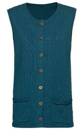 Ärmellose Weste in dunkelpetrol, uni, mit Rundhalsausschnitt, durchgehender Knopfleiste mit braunen Knöpfen, zwei aufgesetzten Taschen vorne