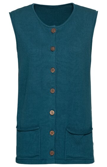 Ärmellose Weste in dunkelpetrol, uni, mit Rundhalsausschnitt, durchgehender Knopfleiste mit braunen Knöpfen, zwei aufgesetzten Taschen vorne