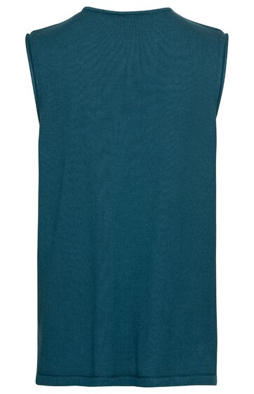 Ärmelloses, tailliertes Kleid in Petrol, ohne Muster, mit rundem Ausschnitt, knielang