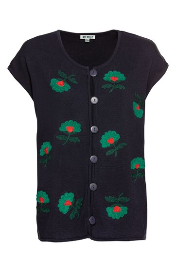 Ärmellose Strickweste in Dunkelblau mit durchgehender Knopfleiste, rundem Ausschnitt, dekoratives Blumenmuster in Grün und Rot, gerade geschnittener Saum
