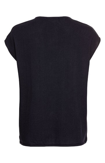 Schwarzes ärmelloses Oberteil, gerade geschnitten, Rundhalsausschnitt, glatte Oberfläche, hinten gezeigt