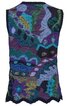 Ärmellose Weste mit unregelmäßigem Zickzack-Saum, mehrfarbig mit dominierenden Tönen in Lila, Blau, Schwarz und Grün, abstraktes Muster aus geschwungenen und geometrischen Formen, Rückenansicht