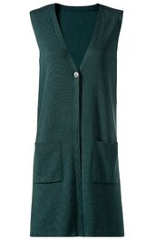 Dunkelgrüne Strickweste ohne Ärmel, länglich, mit V-Ausschnitt, ein großer weißer Knopf vorne, zwei aufgesetzte Taschen vorne