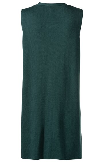 Ärmelloser langer Pulloverkleid in dunkelgrün, rundhalsausschnitt, gerade Form ohne Muster, hinten gezeigt