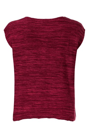 Damenoberteil in dunklem bordeauxrot mit meliertem Muster, ärmelloses Design, runder Halsausschnitt, gerade geschnitten