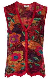 Ärmellose Strickweste in rot mit mehrfarbigem floralem Muster, V-Ausschnitt, Knopfleiste vorne, gewellte Saumkante