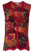 Ärmellose Strickweste in rot mit mehrfarbigem floralem Muster, V-Ausschnitt, Knopfleiste vorne, gewellte Saumkante