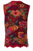Ärmellose Strickweste in bordeauxrot mit floralen Mustern in grün, pink, orange, und gelb, V-förmiger Ausschnitt, gewellter Saum, gerade geschnitten