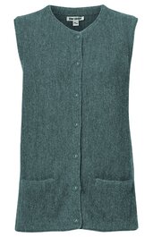Ärmellose Weste in graugrün melierter Farbe, durchgehende Knopfleiste mit runden Knöpfen, rundhalsausschnitt, zwei aufgesetzte Taschen vorne, gerade geschnitten