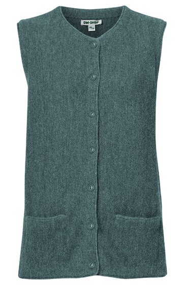 Ärmellose Weste in graugrün melierter Farbe, durchgehende Knopfleiste mit runden Knöpfen, rundhalsausschnitt, zwei aufgesetzte Taschen vorne, gerade geschnitten