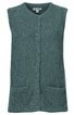 Ärmellose Weste in graugrün melierter Farbe, durchgehende Knopfleiste mit runden Knöpfen, rundhalsausschnitt, zwei aufgesetzte Taschen vorne, gerade geschnitten