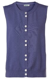 Ärmellose Strickweste in dunkellila, durchgehende weiße Knopfleiste, Rundhalsausschnitt, gerade geschnitten