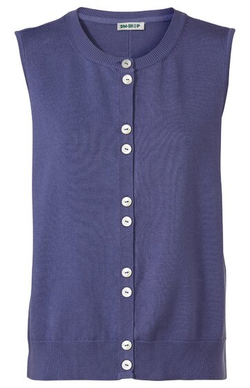 Ärmellose Strickweste in dunkellila, durchgehende weiße Knopfleiste, Rundhalsausschnitt, gerade geschnitten