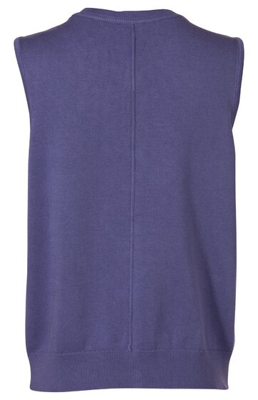 Ärmelloses Strickoberteil in dunklem Flieder, ohne Muster, gerader Schnitt, Rundhalsausschnitt, Rippstrickbündchen am Saum, Rückansicht
