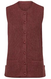 Ärmelloses, bordeauxrotes Damenoberteil, melierte Optik, durchgehende Knopfleiste vorne, Rundhalsausschnitt, zwei aufgesetzte Taschen unten