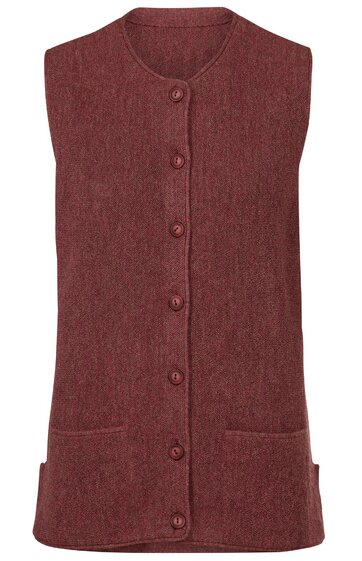 Ärmelloses, bordeauxrotes Damenoberteil, melierte Optik, durchgehende Knopfleiste vorne, Rundhalsausschnitt, zwei aufgesetzte Taschen unten