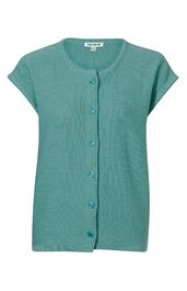 Ärmellose Strickweste in grünblau, durchgehende Knopfleiste vorne, Rundhalsausschnitt, gerade geschnitten