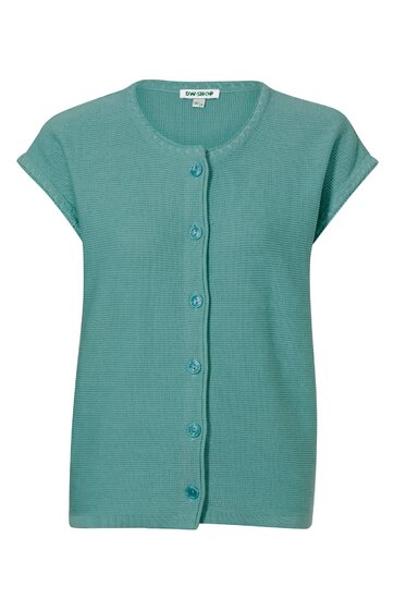 Ärmellose Strickweste in grünblau, durchgehende Knopfleiste vorne, Rundhalsausschnitt, gerade geschnitten