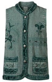 Ärmellose Weste in grün mit Stickereien, Stehkragen, durchgehende Metallknöpfe vorne, zwei aufgesetzte Taschen mit Verzierung, strukturierter Stoff mit kontrastierendem Saum