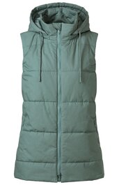 Ärmellose, grünlich-blaue Steppweste mit Kapuze, durchgehender Reißverschluss, zwei seitliche Taschen, sportliche Passform