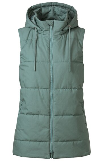 Ärmellose, grünlich-blaue Steppweste mit Kapuze, durchgehender Reißverschluss, zwei seitliche Taschen, sportliche Passform