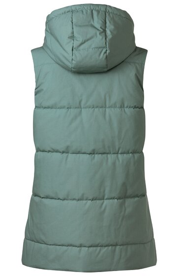 Ärmellose Steppweste in mintgrün, durchgehende horizontale Steppnähte, mit Kapuze, leicht verlängerte Rückenpartie, gerade geschnitten