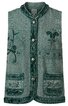 Ärmellose Weste in grün mit Stickereien, Stehkragen, durchgehende Metallknöpfe vorne, zwei aufgesetzte Taschen mit Verzierung, strukturierter Stoff mit kontrastierendem Saum