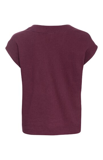 Kurzärmeliges T-Shirt in dunklem Aubergine, ohne Muster, Rundhalsausschnitt, gerader Saum, Rückenansicht