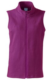 Ärmellose Fleeceweste in dunklem Magenta, durchgehender Reißverschluss, Stehkragen, gerade geschnitten, ohne sichtbare Muster oder Verzierungen