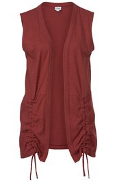 Ärmellose Strickweste in rostrot, offene Vorderseite, seitliche Raffung mit Kordeln, gerade Passform