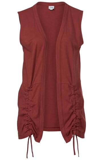 Ärmellose Strickweste in rostrot, offene Vorderseite, seitliche Raffung mit Kordeln, gerade Passform
