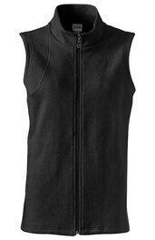 Schwarze ärmellose Fleeceweste, durchgehender Reißverschluss vorne, Stehkragen, taillierte Form, keine weiteren Muster oder Verzierungen