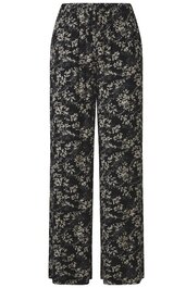 Schwarze Damenhose mit weißem floralem Muster, hoher Bund mit Tunnelzug, gerades Bein, lose Passform