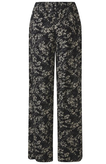 Weite Stoffhose in Schwarz mit cremefarbenem Blumenmuster, gerader Schnitt, elastischer Bund, lange Beine