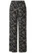 Weite Stoffhose in Schwarz mit cremefarbenem Blumenmuster, gerader Schnitt, elastischer Bund, lange Beine