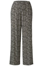 Schwarze Hose mit weißem, abstraktem Blättermuster, gerade geschnitten, hoher Bund, keine sichtbaren Verschlüsse