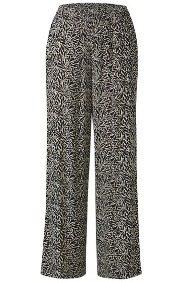 Schwarze Hose mit weißem, abstraktem Blättermuster, gerade geschnitten, hoher Bund, keine sichtbaren Verschlüsse