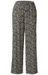 Schwarze Hose mit weißem, abstraktem Blättermuster, gerade geschnitten, hoher Bund, keine sichtbaren Verschlüsse