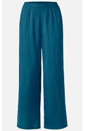 Locker geschnittene Hose in petrolblau, durchgehendes feines Streifenmuster, elastischer Bund, gerade geschnittene Hosenbeine