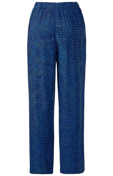 Blaue lange Hose mit kleinem weißem Punktemuster, elastischem Bund, geradem Schnitt, ohne sichtbare Taschen oder Verschlüsse