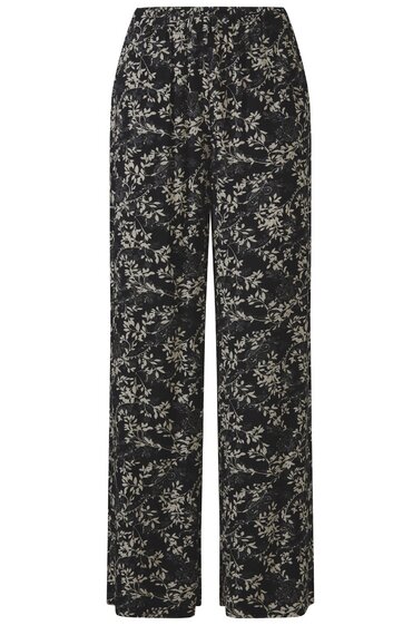 Schwarze Damenhose mit weißem floralem Muster, hoher Bund mit Tunnelzug, gerades Bein, lose Passform